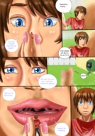 drawing comic color long_hair blue_eyes handheld saliva brunette story shrunken_men shrunken_man open_mouth dialogue ayami6 my_sister_the_giantess looking_into_mouth