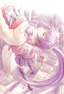 drawing city skirt anime purple_hair purple_eyes unknown_artist uniform stapler thigh_highs box_cutter