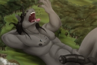 vore furry black_hair giant male penis handheld unicorn lying_down muscles open_mouth forest testicles crowds neopuc salivating bigsol scrotum