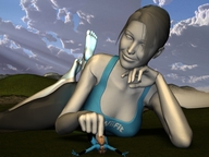 giantess barefoot playful samus_aran lying_down nintendo finger_crush video_game pinned clouds wii_fit_trainer zero_suit_samus digital_render