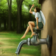 long_hair skirt brunette sitting shrunken_woman looking_up outdoors trees angel_wings faucet