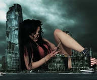 giantess collage destruction glasses unknown_artist skyscraper waterfront