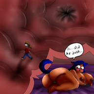 drawing nude tail long_hair blue_hair shrunken_men bbw shrunken_man cat_girl dark_skin dialogue capinplanet