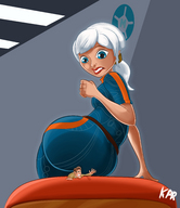 breasts drawing giantess white_hair mega color butt blue_eyes butt_crush domination ponytail ginormica short_hair cartoon underneath movie pinned fist monsters_vs_aliens freckles sat_on belt jumpsuit looking_behind under_butt looking_at_tiny tv_series dreamworks kisparlius derek