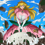 drawing giantess blonde blue_eyes cleavage princess_peach anime smiling unknown_artist bowser looking_down