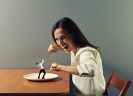 collage vore sitting fork table shrunken_man cruel knife imminent_vore on_plate fork_and_knife