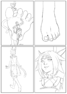 drawing size_difference comic monochrome toes barefoot high_heels soles blood cat_ears final_fantasy smiling foot_crush walking cat_girl ankles running_away looking_at_tiny spokle miqote final_fantasy_xiv