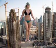 breasts giantess collage city mega blonde swimsuit barefoot cleavage unknown_artist legs foot_print construction chuckwagon crane navel_ring