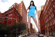 giantess collage low_angle unknown_artist legs looking_at_viewer between_buildings street_view