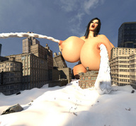 giantess city flood black_hair long_hair destruction buildings huge_breasts brunette milk lactation redfiredog digital_render milk_flood