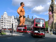 giantess collage city black_hair long_hair swimsuit giant short_hair bulge london sunglasses outdoors