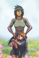 drawing gentle blushing black_hair color yellow_eyes couple mini_giantess kissing commission vanheist track_suit