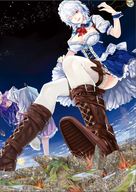drawing giantess white_hair giga color destruction cleavage touhou purple_hair socks red_hair boots foot_crush explosion koakuma giantesses maid_uniform clouds stars hong_meiling source_needed cities patchouli_knowledge sakuya_izayoi sonnano