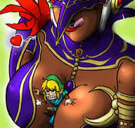 drawing white_hair tongue cleavage anime unknown_artist shrunken_men shrunken_man looking_down licking_lips armbands looking_at_tiny the_legend_of_zelda between_breasts link_(the_legend_of_zelda)