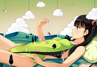 drawing gentle giantess landscape swimsuit blue_eyes handheld anime climbing brunette lying_down thighs between_fingers on_body looking_at_tiny yokaze_japan