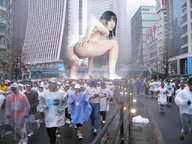 giantess collage city asian unknown_artist thong kneeling skyscraper streets looking_at_viewer crowds