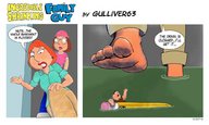 drawing feet comic color barefoot water brunette red_hair unaware shrunken_man family_guy captions pencil_drawing milf lois_griffin imminent_crush gulliver63 peter_griffin meg_griffin