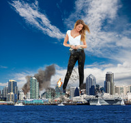 collage city mega destruction helicopter wonderslug fire skyscraper clouds sky aircraft_carrier waterfront simone_villas_boas san_diego