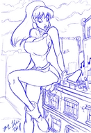 breasts drawing giantess city mega monochrome destruction crossover cleavage buildings giganta ponytail boots sitting looking_down jessica_rabbit cosplay thighs disney earrings belt sitting_on_building crane bryan_lobdell dc_comics piano fusion