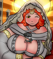 breasts drawing gentle giantess color yellow_eyes red_hair video_games relaxing dark_souls winking on_boobs mspaintgts gwynevere sunny_d