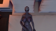 breasts nude sleeping alien bed blue_skin lesbians shrunken_woman bedroom pillows digital_render mass_effect liara asari little_muse between_breasts
