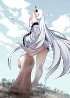 drawing white_hair collage mega destruction barefoot high_heels soles anime red_eyes unknown_artist foot_crush looking_down thighs point_of_view looking_back ankle horn stuck_to_sole