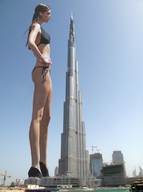 breasts giantess collage city mega long_hair swimsuit high_heels brunette burj_khalifa skyscraper outdoors long_legs hands_on_hips skinny crane