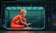 breasts drawing giantess white_hair mega blonde color blue_eyes toes barefoot susan ginormica short_hair sitting red_nails monsters_vs_aliens prison nail_polish jumpsuit area_51 hair_bun susan_murphy antonio_renteria dreamworks bare_midriff
