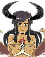 drawing giantess nude horns wings black_hair color long_hair smiling red_hair tan no_background human_clothing