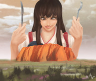 drawing giantess color fork looking_down clouds outdoors licking_lips knife countryside