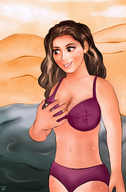 breasts drawing color swimsuit beach handheld cleavage bra wet sweat shrunken_woman entrapment trapped looking_at_tiny brainwashed-psyche