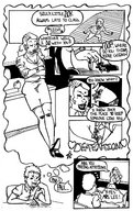 drawing comic monochrome high_heels shrunken_men shrunken_man looking_down imminent_crush dream_sequence between_breasts