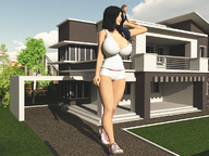 giantess black_hair huge_breasts nyom87 on_shoulder digital_render