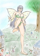 giantess wings black_hair long_hair barefoot fairy fighting cruel outdoors leaf_bra leaf_panties