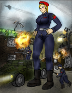 drawing size_difference city blonde color military brown_eyes mini_giantess boots uniform airplane explosion fighting jets streets soldiers yamumil beret
