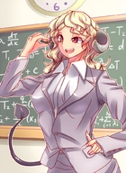 drawing horns tail blonde long_hair shrunken_men teacher shrunken_man indoors between_fingers classroom