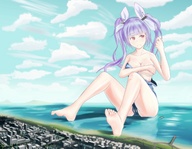 drawing giantess city mega color beach barefoot ocean purple_hair red_eyes sitting pigtails airplane jets covering_breasts iodain