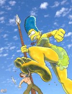 breasts drawing giantess mega color barefoot blue_hair marge_simpson simpsons marge the_simpsons milf earrings raised_foot spear imminent_crush gulliver63 yellow_skin makeshift_clothing