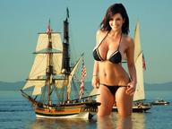 giantess collage swimsuit cleavage ocean brunette unknown_artist denise_milani ships looking_at_viewer sailing_ship