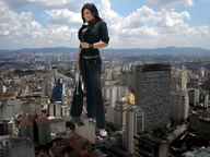 giantess collage city clothed buildings unknown_artist clouds sky denise_milani looking_at_viewer city_scape