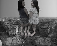 giantess collage city monochrome barefoot buildings unknown_artist giantesses streets looking_back looking_at_viewer