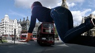 giantess collage city jeans brunette short_hair crawling sneakers outdoors long_sleeves double_decker
