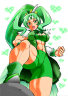 drawing green_eyes low_angle green_hair muscles shorts athletic point_of_view perspective green_outfit