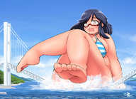 drawing giantess color long_hair swimsuit bridge destruction barefoot water ocean glasses embarrassed sitting bbw open_mouth outdoors striped_underwear みとん miton