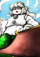 drawing giantess white_hair color touhou shrine ponytail looking_down clouds voluptuous nazo mononobe_no_futo
