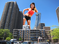 collage city destruction brunette low_angle wonderslug belly giantess_katelyn skyscraper sky navel_ring