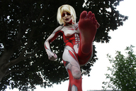 giantess blonde toes barefoot soles foot_crush looking_down cosplay point_of_view raised_foot shelle-chii imminent_crush attack_on_titan looking_at_tiny annie_leonhart oldmacman