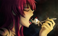 drawing long_hair saliva blue_hair red_hair shrunken_men spoon shrunken_man looking_down open_mouth cherry whipped_cream no_background