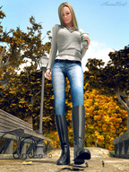 blonde jeans park fall boots unaware shrunken_people coffee trees bench running_away sorenzer0 digital_render strolling