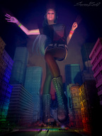 giantess city long_hair destruction blue_hair boots foot_crush nylons streets dancing police_car sorenzer0 digital_render